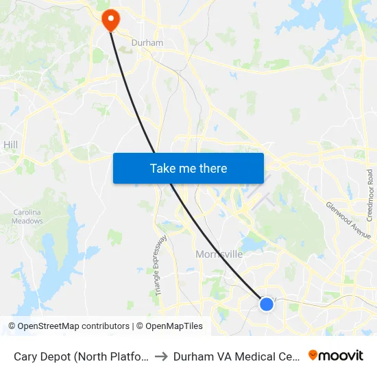 Cary Depot (North Platform) to Durham VA Medical Center map