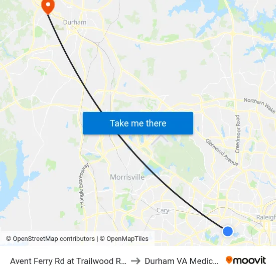 Avent Ferry Rd at Trailwood Rd (Inbound) to Durham VA Medical Center map
