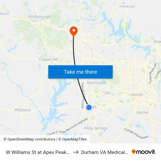 W Williams St at Apex Peakway (Nb) to Durham VA Medical Center map