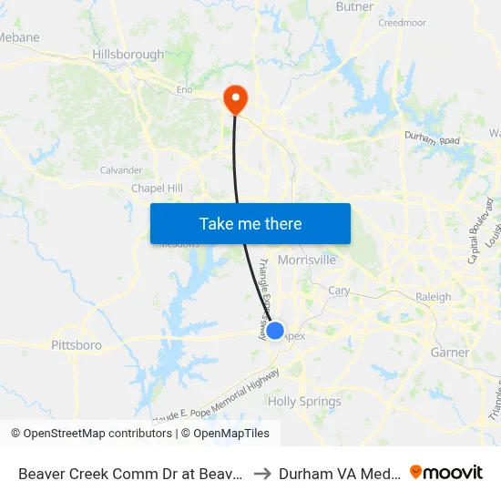 Beaver Creek Comm Dr at Beaver Crk Grnway (Eb) to Durham VA Medical Center map