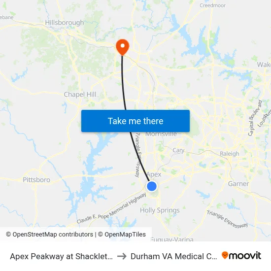 Apex Peakway at Shackleton Rd to Durham VA Medical Center map