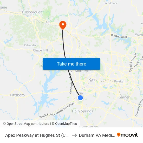 Apex Peakway at Hughes St (Cambridge Village) to Durham VA Medical Center map