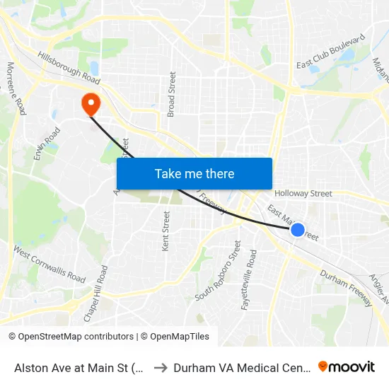 Alston Ave at Main St (Sb) to Durham VA Medical Center map
