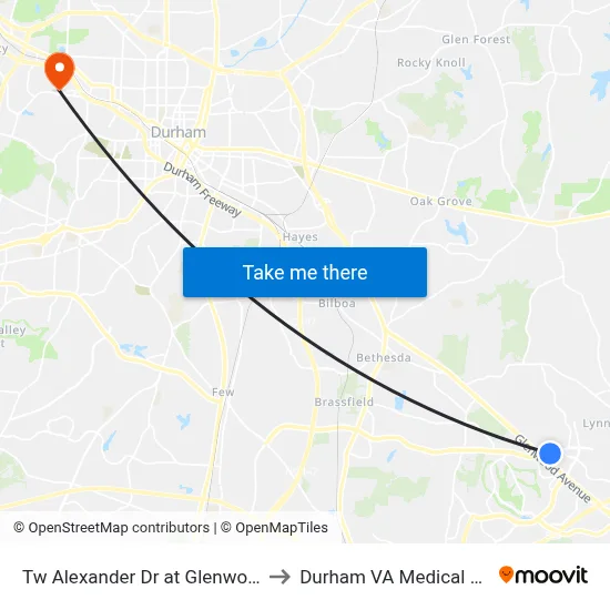 Tw Alexander Dr at Glenwood Ave to Durham VA Medical Center map