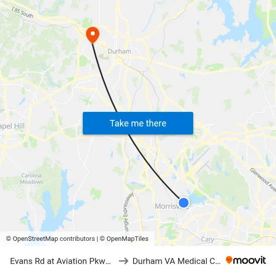 Evans Rd at Aviation Pkwy (Wb) to Durham VA Medical Center map