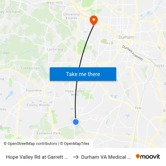 Hope Valley Rd at Garrett Rd (Nb) to Durham VA Medical Center map