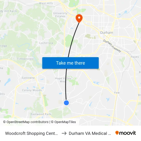 Woodcroft Shopping Center (Wb) to Durham VA Medical Center map
