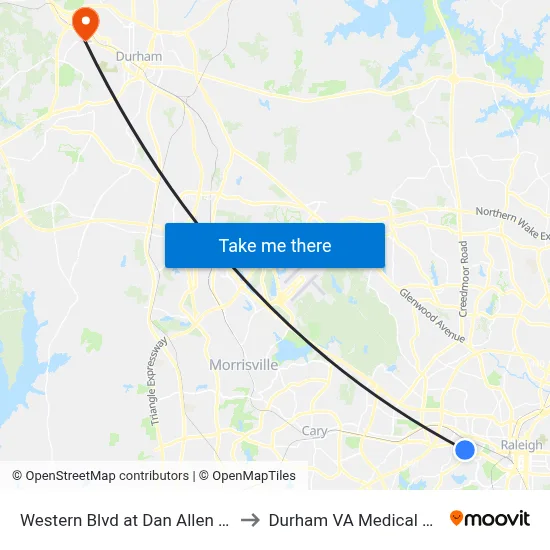 Western Blvd at Dan Allen Dr (Eb) to Durham VA Medical Center map