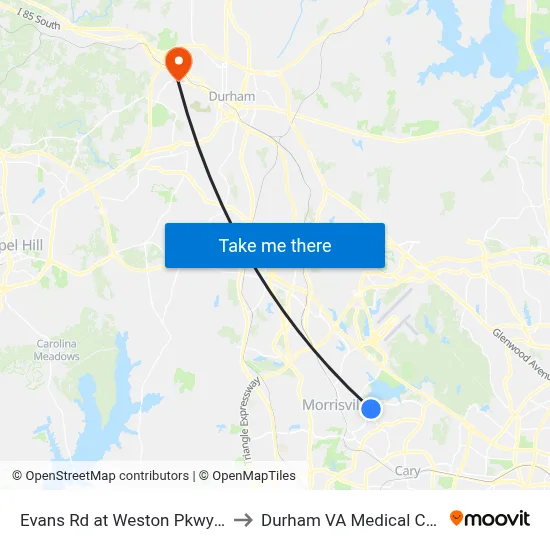 Evans Rd at Weston Pkwy (Nb) to Durham VA Medical Center map