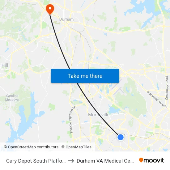 Cary Depot South Platform to Durham VA Medical Center map