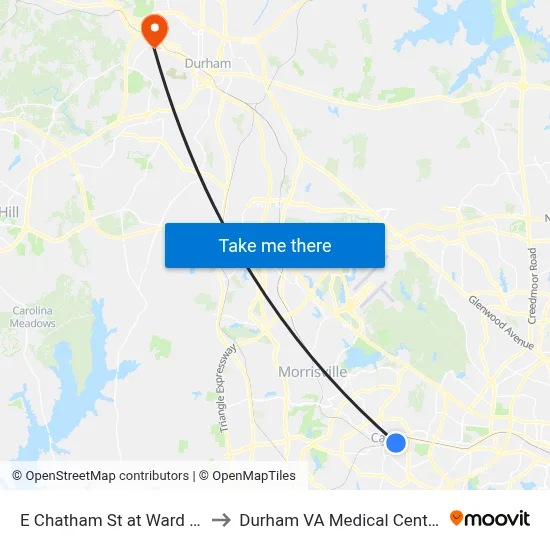 E Chatham St at Ward St to Durham VA Medical Center map
