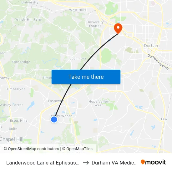 Landerwood Lane at Ephesus Church Road to Durham VA Medical Center map