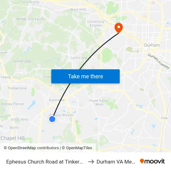 Ephesus Church Road at Tinkerbell Road Westbound to Durham VA Medical Center map
