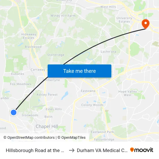 Hillsborough Road at the Hollow to Durham VA Medical Center map