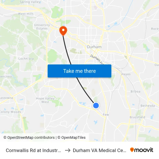 Cornwallis Rd at Industry Ln to Durham VA Medical Center map