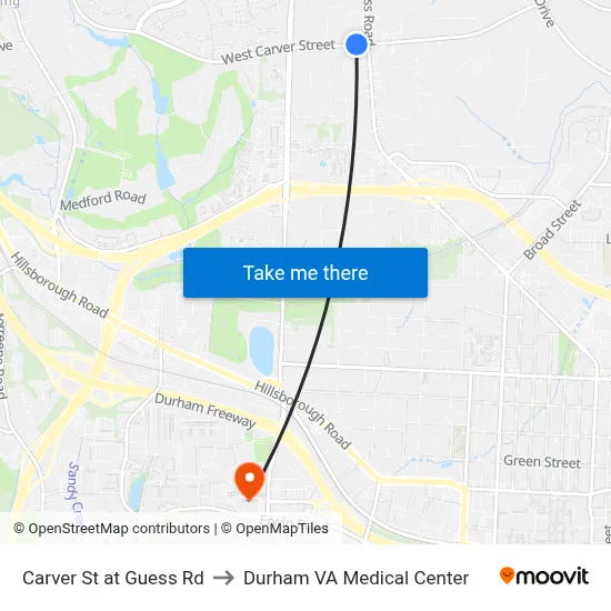 Carver St at Guess Rd to Durham VA Medical Center map