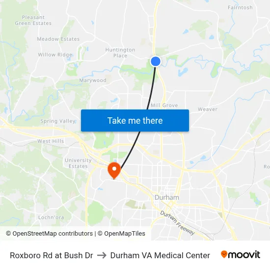 Roxboro Rd at Bush Dr to Durham VA Medical Center map