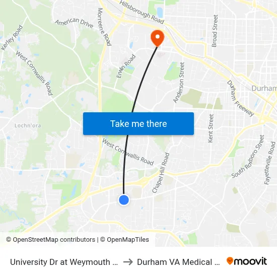 University Dr at Weymouth St (Wb) to Durham VA Medical Center map