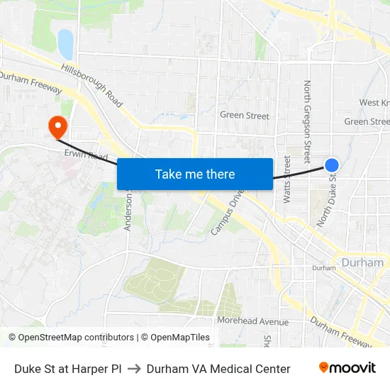 Duke St at Harper Pl to Durham VA Medical Center map