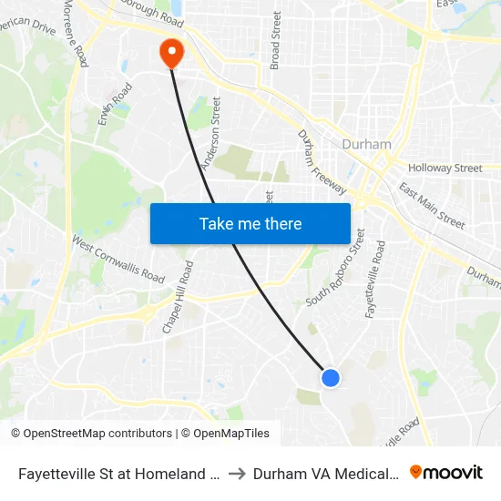 Fayetteville St at Homeland Ave (Nb) to Durham VA Medical Center map
