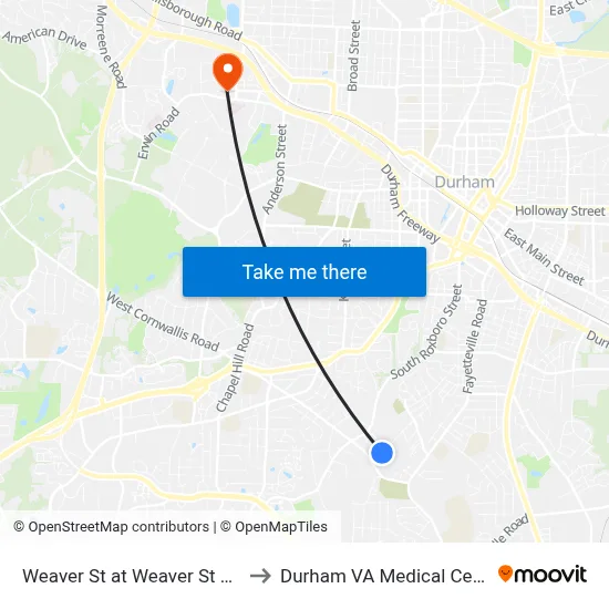 Weaver St at Weaver St Park to Durham VA Medical Center map