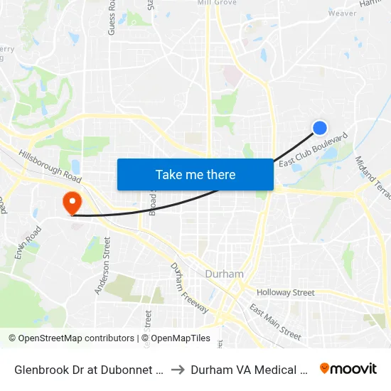 Glenbrook Dr at Dubonnet Pl (Sb) to Durham VA Medical Center map