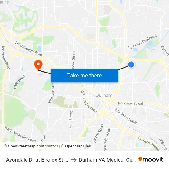 Avondale Dr at E Knox St (Sb) to Durham VA Medical Center map