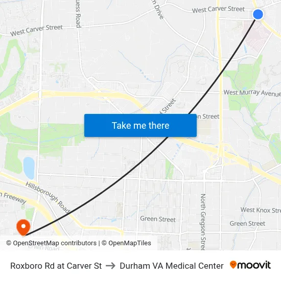 Roxboro Rd at Carver St to Durham VA Medical Center map