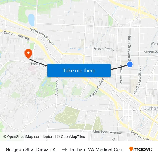 Gregson St at Dacian Ave to Durham VA Medical Center map