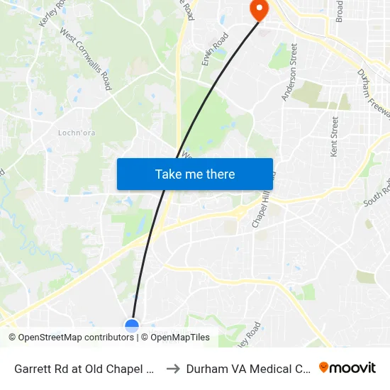 Garrett Rd at Old Chapel Hill Rd to Durham VA Medical Center map