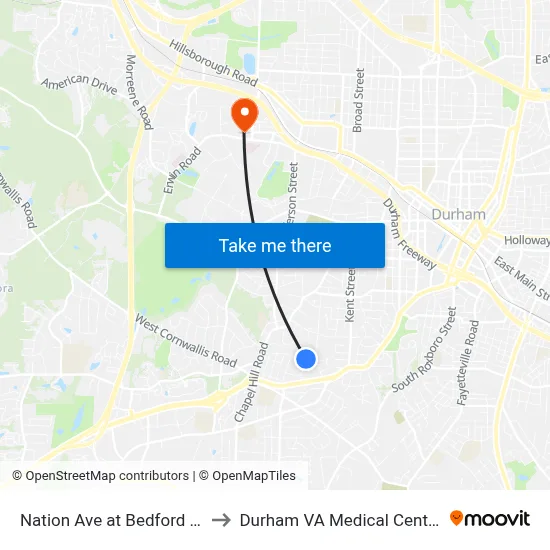 Nation Ave at Bedford St to Durham VA Medical Center map