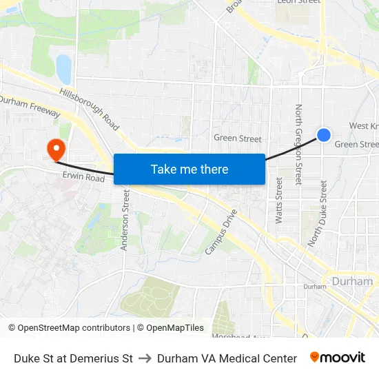 Duke St at Demerius St to Durham VA Medical Center map