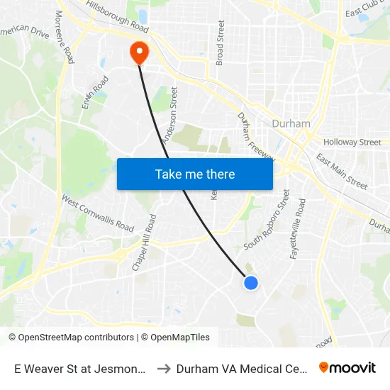 E Weaver St at Jesmond St to Durham VA Medical Center map