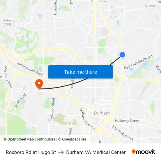 Roxboro Rd at Hugo St to Durham VA Medical Center map