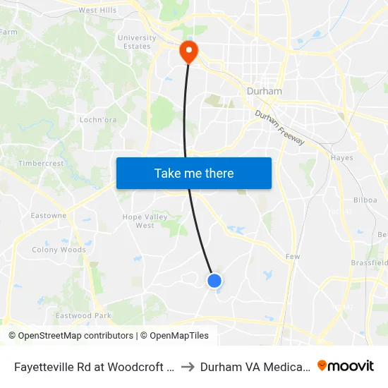 Fayetteville Rd at Woodcroft Pkwy (Nb) to Durham VA Medical Center map
