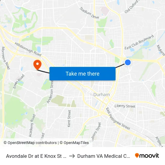 Avondale Dr at E Knox St (Nb) to Durham VA Medical Center map