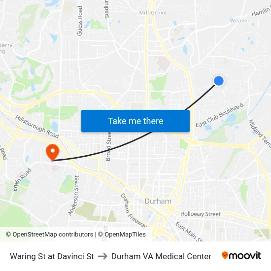 Waring St at Davinci St to Durham VA Medical Center map