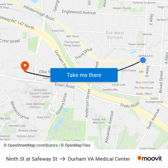 Ninth St at Safeway St to Durham VA Medical Center map