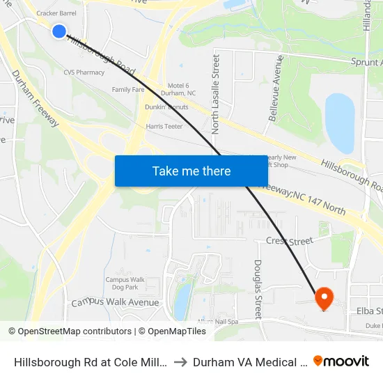 Hillsborough Rd at Cole Mill Rd (Wb) to Durham VA Medical Center map