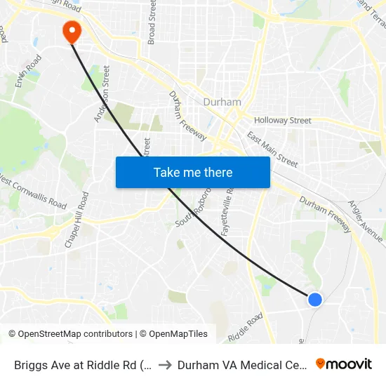 Briggs Ave at Riddle Rd (Nb) to Durham VA Medical Center map