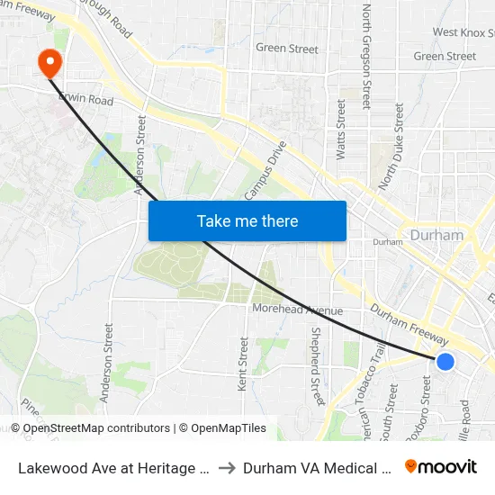 Lakewood Ave at Heritage Square to Durham VA Medical Center map
