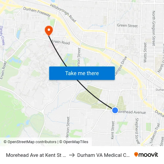 Morehead Ave at Kent St (Wb) to Durham VA Medical Center map