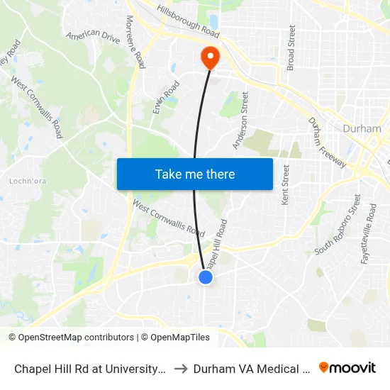Chapel Hill Rd at University Dr (Nb) to Durham VA Medical Center map
