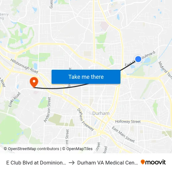 E Club Blvd at Dominion St to Durham VA Medical Center map