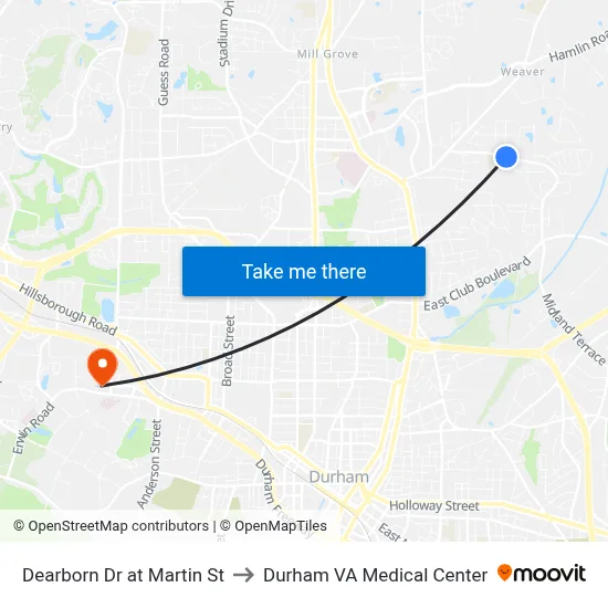 Dearborn Dr at Martin St to Durham VA Medical Center map