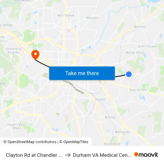 Clayton Rd at Chandler Rd to Durham VA Medical Center map