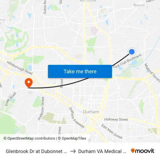 Glenbrook Dr at Dubonnet Pl (Nb) to Durham VA Medical Center map