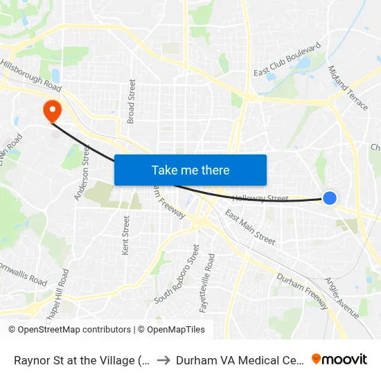 Raynor St at the Village (Wb) to Durham VA Medical Center map