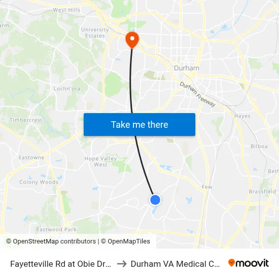 Fayetteville Rd at Obie Dr (Sb) to Durham VA Medical Center map