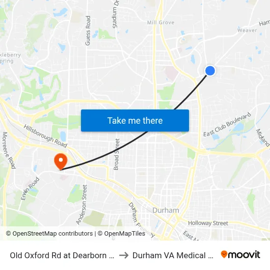 Old Oxford Rd at Dearborn Dr (Eb) to Durham VA Medical Center map
